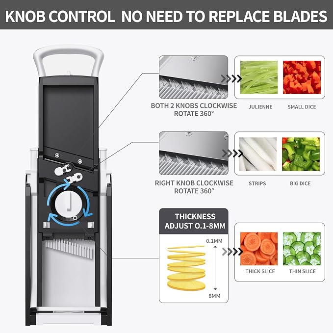 QYKIC Upgrade Safe Mandoline Slicer Plus,Adjustable Vegetable Chopper Potato French Fry Cutter, Kitchen Chopping Artifact for Meal Prep (BlackWhite)