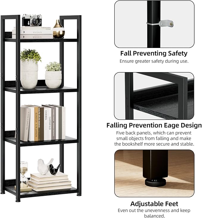 NUMENN Narrow Bookshelf, 4 Tier Freestanding Shelving Unit, Black | Small Book Shelf for Small Spaces, Metal Frame & Wood Shelves, Falling Prevention Baffle, Bookcase for Bedroom&Home Office
