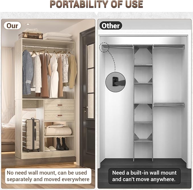 Armocity Freestanding Closet System with Suitcase Storage, 40 Inches Stand-Alone Wardrobe with 2 Wood Drawers, 80'' Height Adjustable Cloth Garment Rack, Walk-in Closet with Hanging Rod, White Oak