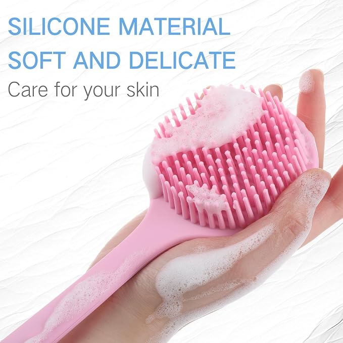 Sunnyray 2 Pack Silicone Back Scrubber for Shower with 15" Long Handle Double-Sided Bath Body Brush for Exfoliating Easy to Clean Quick Dry Deep Cleaning Lathers Well(Pink,Nordic Blue)
