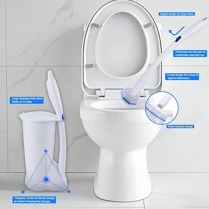 Upgraded Disposable Toilet Brush and Holder Set, 50 Toilet Wand Refills with Thickened Cleaning Layer, Won't Fall Apart, Large Opening Storage Caddy, Long Handle, for Home & Commercial Use