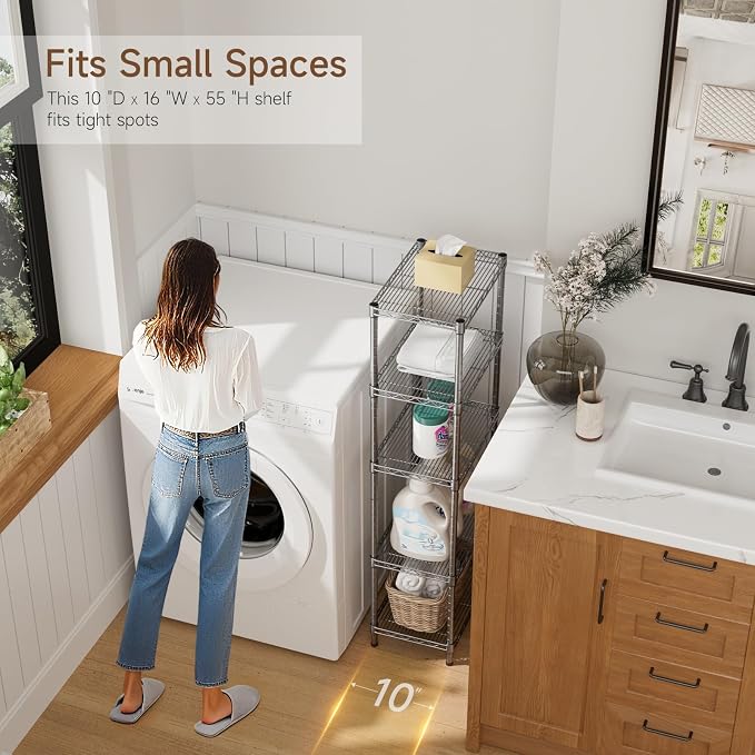 Golpart 5Tier Adjustable Storage Shelves Metal Wire Shelving Standing Shelf | Utility Heavy Duty Unit Rack Closet Organize for Home Kitchen Laundry Room Organization Pantry 10"Dx16"Wx55"H Grey