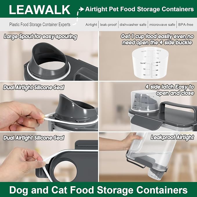 LEAWALK 5Lbs /6Qt/5l Airtight Cat Dog Food Storage With Upgraded Large Nozzle BPA-Free, Pet Food Storage Containers For Rice, Grain, Pet Food,Flour, Dog Treat Storage-2pack Dark Gray