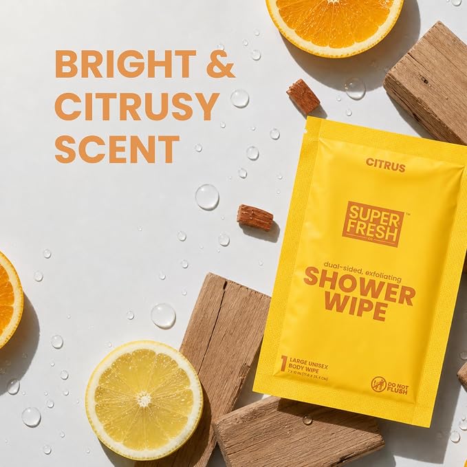 Super Fresh Shower Body Wipes, Travel Essentials for Camping, Large Citrus Wipes for Adults, Women, Men, Kids Personal Hygiene Cloth Enriched with Aloe and Vitamin E, Individually Wrapped 20 Pack