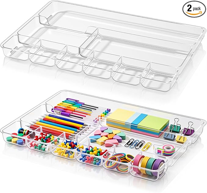 Junkin 2 Pcs Shallow Drawer Organizers 14" x 9" x 1" Desk Drawer Organizer Tray with 9 Storage Compartments for Home Office Classroom School Organizing Pens Paper Clips Sticky Notes (Clear)