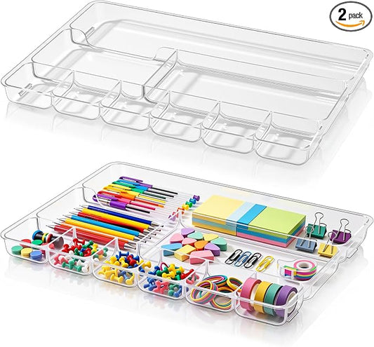Junkin 2 Pcs Shallow Drawer Organizers 14" x 9" x 1" Desk Drawer Organizer Tray with 9 Storage Compartments for Home Office Classroom School Organizing Pens Paper Clips Sticky Notes (Clear)