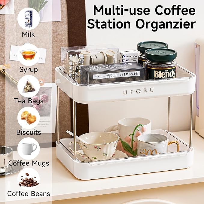UFORU Countertop Coffee Station Organizer,Cup Rack,Mug & Wine Glass Holder | 2-Tier White Mug Shelf With Removable Drain Tray,Bathroom Countertop Organizer,Spice Rack for Kitchen