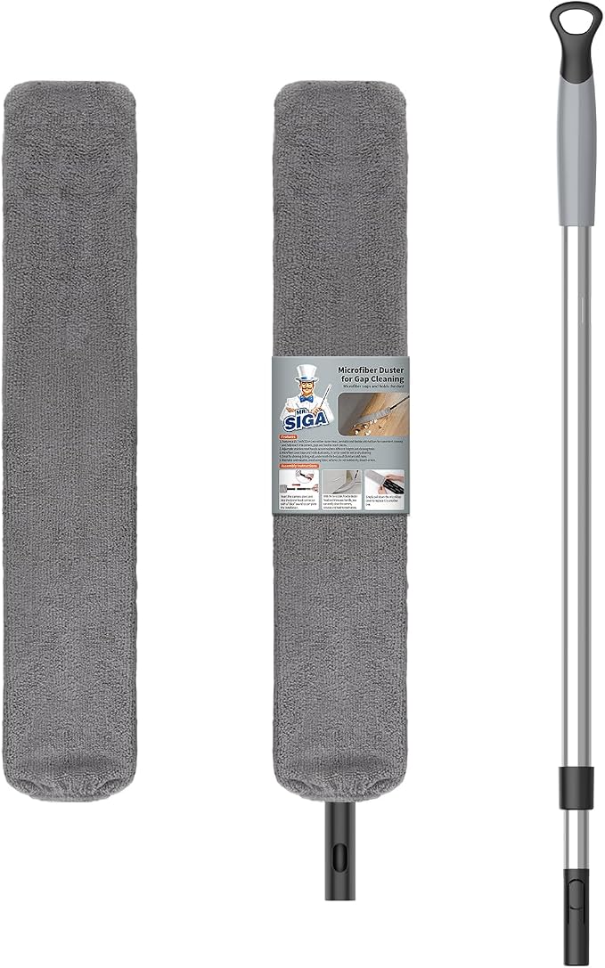 MR.SIGA Microfiber Gap Duster with Stainless Steel Adjustable Handle | Extendable pole, washable microfiber head