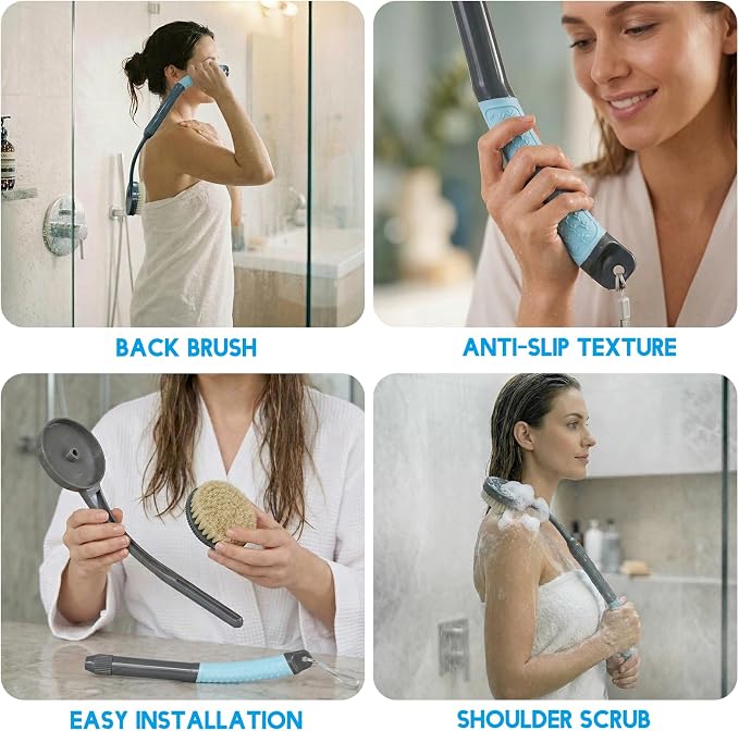 Gobiteli Back Scrubber for Shower, Long Handle Exfoliating Shower Brush for Body for Deep Cleaning, Back Brush for Shower for Men Women(Blue)