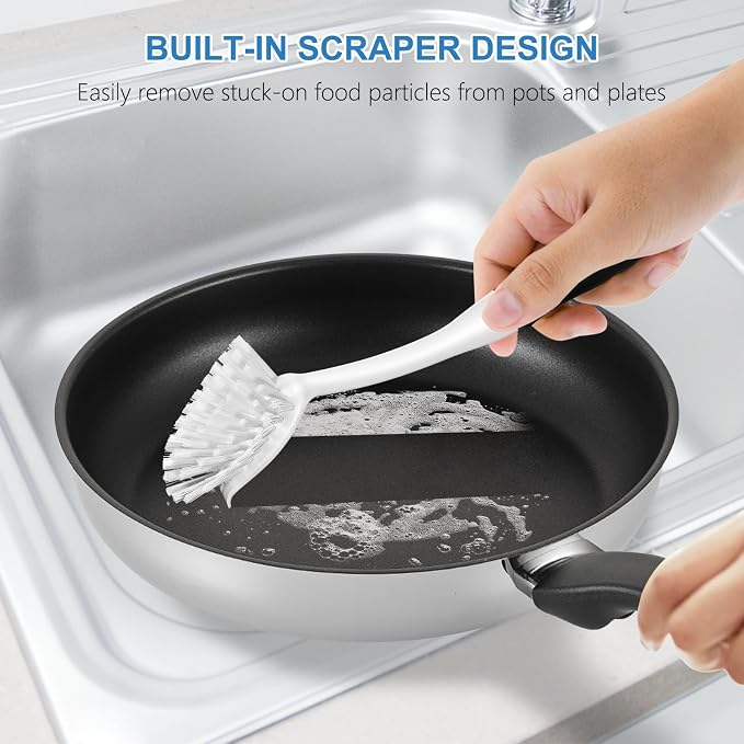 SetSail Dish Brush with Handle, 3 Pack Stiff Bristles Dish Scrubber with Built-in Scraper Dish Scrub Brushes for Cleaning Dishes, Pots and Pans, Kitchen Sink, 3 Pack, Black White