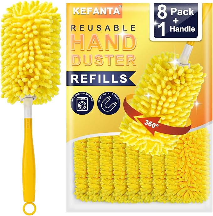 KeFanta Reusable Duster Refill for Swiffer, 8Pcs with 1 Handle | 360° Heavy Duty Duster Refills , Washable Microfiber Dusters for Cleaning