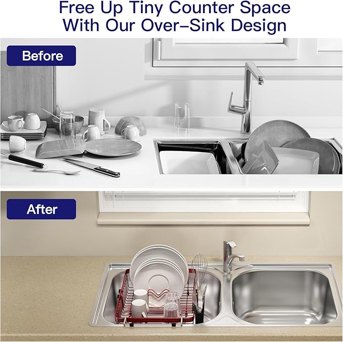 MAJALiS Red Dish Drying Rack Over The Sink with Utensil Holder | Expandable Stainless Steel Dish Drainer for Small Kitchen, Apartment, RV, Counter Space Saving, Perfect Fit, Rustproof