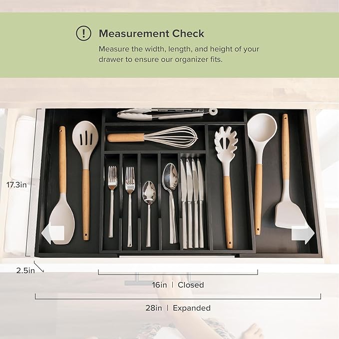 KitchenEdge Premium Silverware, Flatware and Utensil Organizer for Kitchen Drawers, Food-Safe Contract Grade, Expandable from 16 to 28 In, Black Bamboo