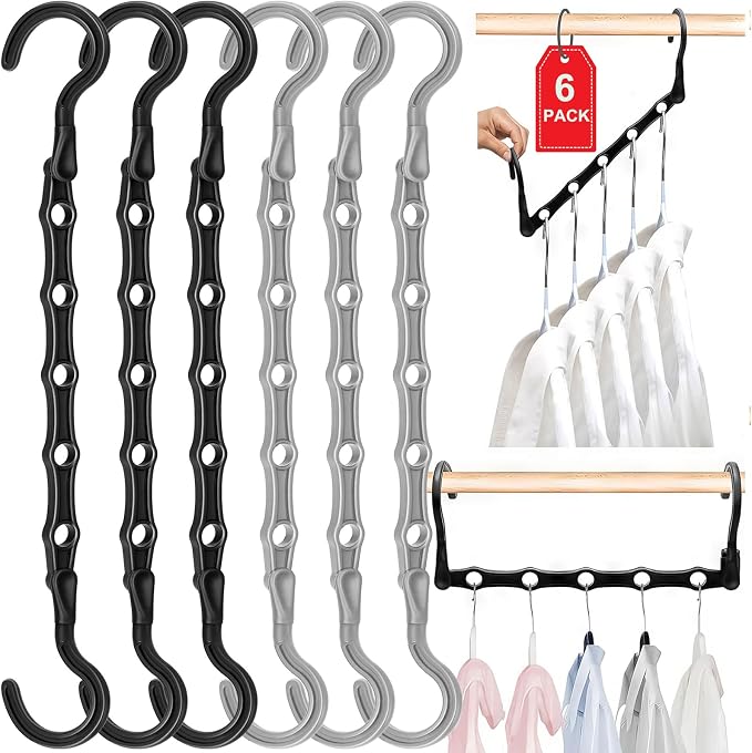 6 Pack Closet Organizers and Storage Stronger, Magic Clothes Hangers | College Dorm Room Essentials for Girls Guys, Space Saving Hangers, 5 Holes, Closet Storage, Home Organization