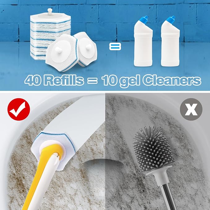 JEHONN Disposable Toilet Brush with 40PCS Wand Cleaner Refills, Wall Mounted Toilet Bowl Brush Holder Set, Bathroom Cleaning System for Sink Bathtub Wash Basin (Yellow)