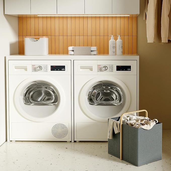 Collapsible Laundry Baskets with Handles 65L Portable Bamboo Laundry Hamper Oxford Fabric Foldable Laundry Bin Portable Cloth Baskets for Storage for Laundry Room Bedroom Living Room Gray