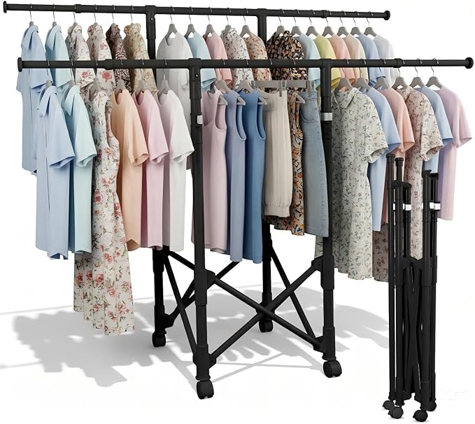 Clothes Rack Double Rods, Foldable Laundry Rack for Air Drying Clothing, Wardrobe Closet Rolling Sturdy Metal Garment Rack for Bedroom Laundry Living Room, Black