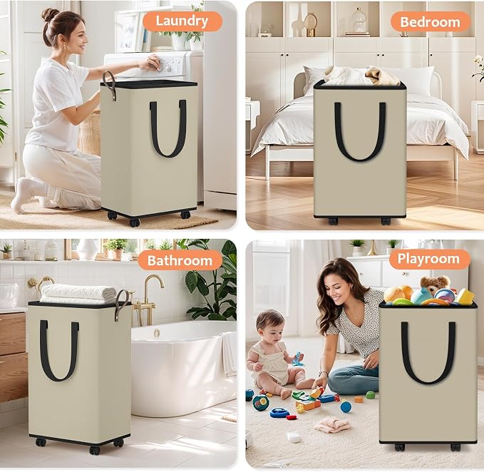 SpaceTrove Rolling Laundry Basket with Wheels, Laundry Hamper, 100L, Beige | Collapsible, 4 detachable wheels including 2 with brakes, sturdy handle, metal frame, for dorms, bathrooms and bedrooms