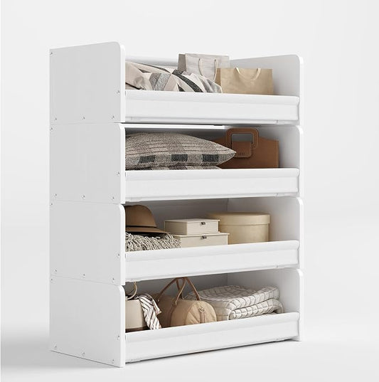 FOUCSSOMEI Closet Organizer and Storage, 4 Tier Stackable Storage Organizer, Wooden & Metal Closet Shelves, Modular Clothes Organizer, Storage Shelf, Bedroom & Closet Organization, Patent Design