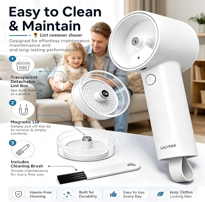 Ucitod2 in 1 Lint Remover Shaver and Lint Roller,Rechargeable Fabric Shaver | Long Battery,EasyClean,Multi-Fabric Compatible,Safe Fabric Shaver,Detachable transparent storage box,Fast Type Charging-white