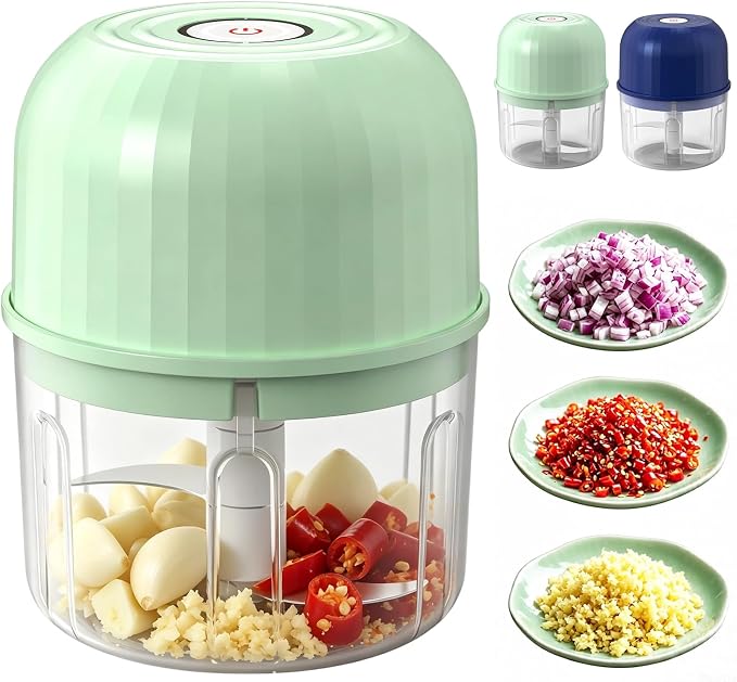 Electric Garlic Chopper, Mini Rechargeable Electric Garlic Chopper, Wireless Portable Food Processor for Ginger Chili Onion Vegetables Meat (Light green)