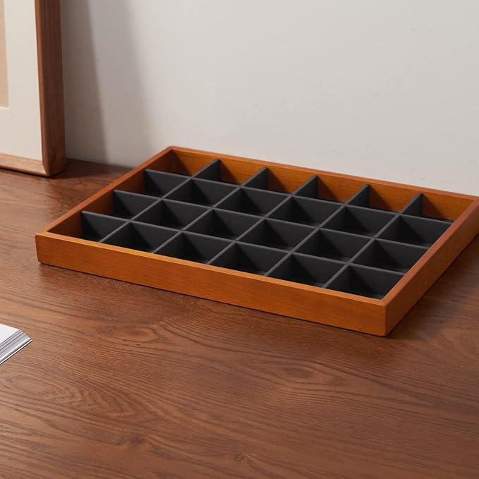 Oirlv Solid Wood Jewelry Tray,Jewelry Drawer Organizer,24 Grid(Grey) | Stackable Design,for Jewelry Necklaces Earrings and Rings,Organizing and Presentinge Legantly on Dressers&in Dresser