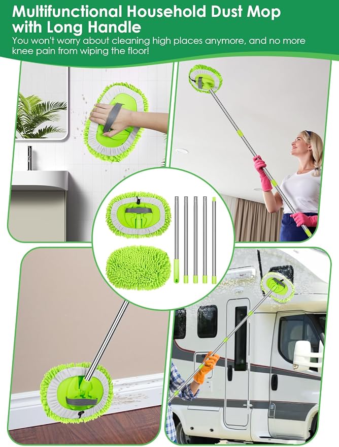 2 in 1 Lightweight Wall Cleaner Mop with Long Handle 75" 190cm Ceiling Duster Lint-Free Chenille Fiber Mop for Kitchen Baseboard Floor Glass Window Roof Cleaning Washer Scrubber Brush Tool Wet Dry Use