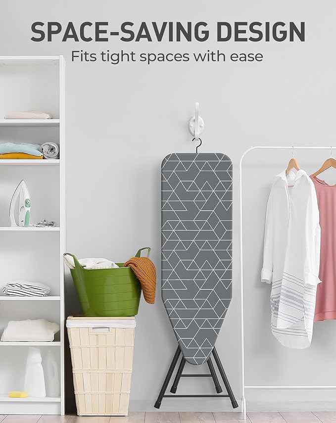 LyriFine Ironing Board, 2-in-1 Ironing and Steaming Board, Sturdy Steel Frame Iron Board with Non-Slip Feet, Heat Resistant Cover Iron Board, Foldable Compact Ironing Board with Hook, 14″ x 43″ Gray