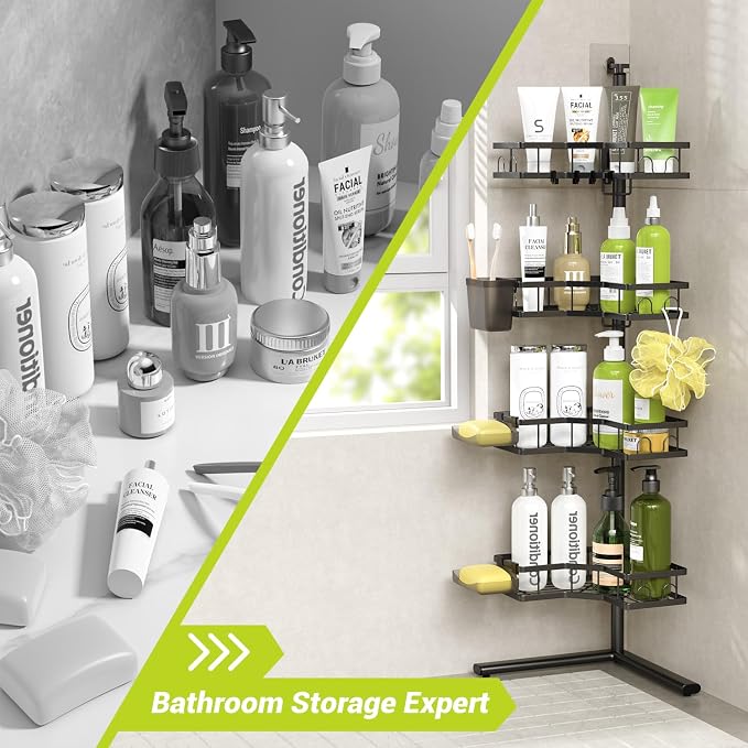 Corner Shower Caddy Standing: 4-Tier Rustproof Shower Shelves Corner - No Drilling Floor Shower Organizer Rack for Bathroom, Renters, Apartment