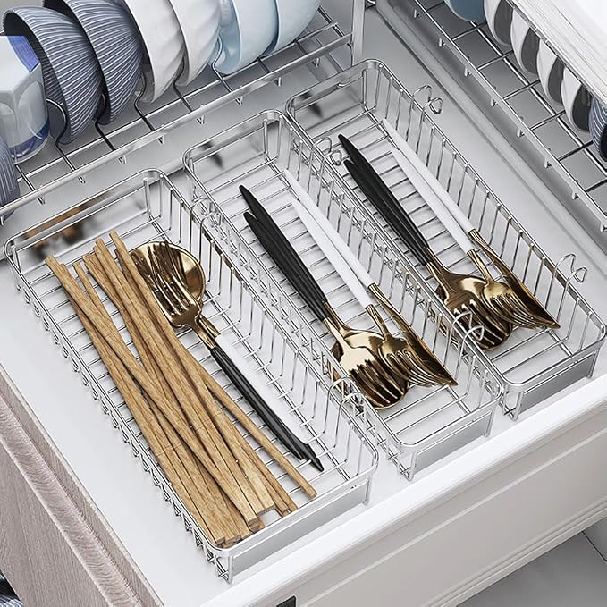 Sturdy 304 Stainless Steel Utensil Drying Rack Basket, Utensil Drying Rack, Basket Holder with Hooks, Rust Proof, No Drilling