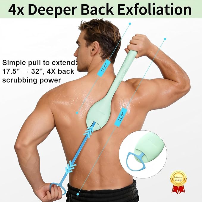 Extendable Silicone Back Scrubber-17-32,Dense Bristles-4X Power | 2-Hand Grip for 4X power. Food-grade silicone, BPA-free. 30D curved dense bristles for rich lather & exfoliation. Quick-dry.