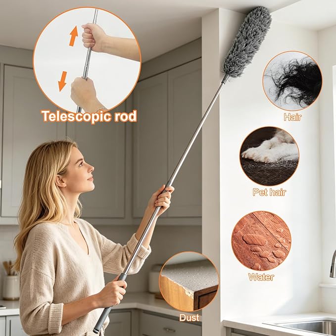 15 PCS Feather Dusters for Cleaning, Microfiber Duster with Extension Pole 100in, Extendable Duster for High Ceilings, Ceiling Fans, Baseboards, Blinds, Car Interior - Washable Reusable Dusting Tools