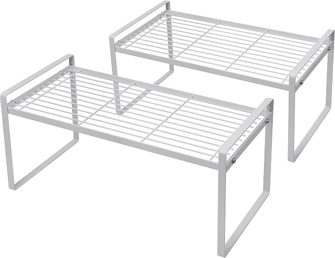 Shantton 2Pack Cabinet Shelf Organizer Storage Rack Space Saving for Kitchen Counter Pantry Bathroom Cupboard Under Sink Office Table Desk Steel Stackable Rust Resistant Heavy Duty Nonslip 16” White