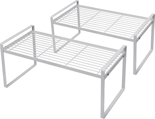 Shantton 2Pack Cabinet Shelf Organizer Storage Rack Space Saving for Kitchen Counter Pantry Bathroom Cupboard Under Sink Office Table Desk Steel Stackable Rust Resistant Heavy Duty Nonslip 16” White