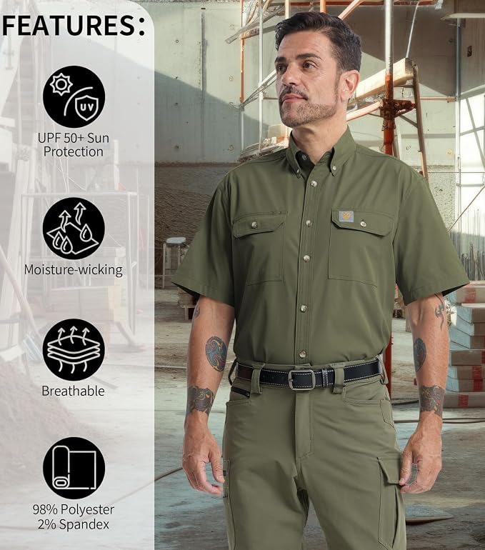 Mens Regular Fit Work Utility Shirt Midweight Short Sleeve Work Wear | Midweight stretch work shirt with reflective trim, 2 secure chest pockets, moisture-wicking comfort, easy-care fabric