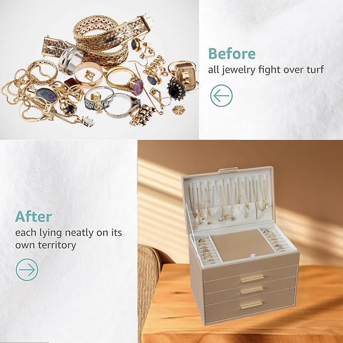 BOOVO Jewelry Boxes for Women, White and Black 6 Layer Large Jewelry Box for Necklace, Bracelet, Earrings, Rings Storage, Jewelry holder Organizer for Girls Gift (Champagne, 5 Layer)