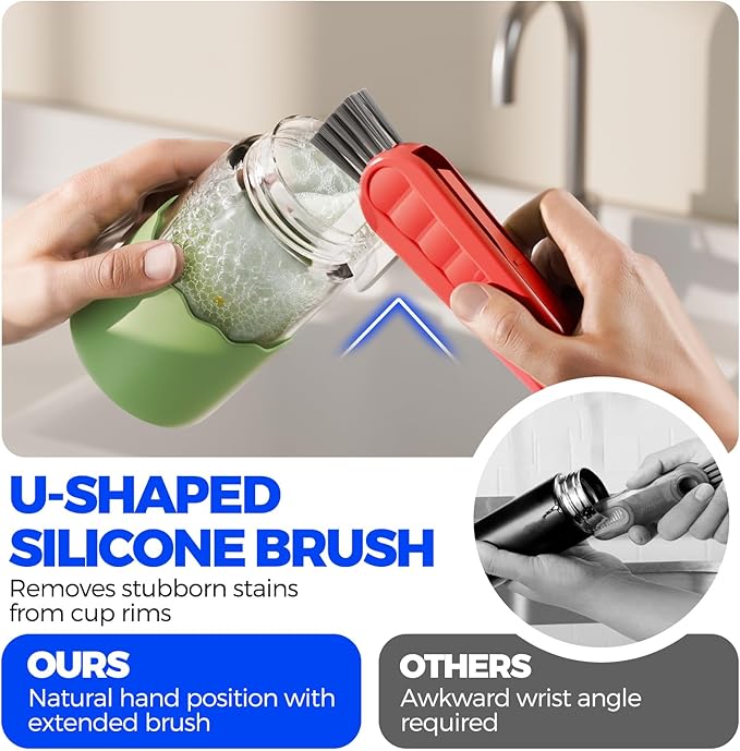 Holikme 6 Pack 4 in 1 Cup Lid Cleaning Brush 3 Straws Bottle Brush,Red | 4 in 1 Cup Lid Cleaning Brush Multifunctional Bottle Brush, Silicone Cup Lid Gap Cleaner, Bristle Crevice Cleaning Brush