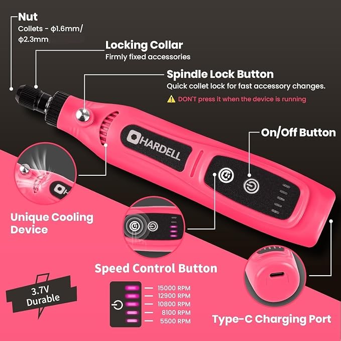 HARDELL Mini Cordless Rotary Tool, 43pcs Lightweight Rotary Tool Kit | Low noise, compact Type-C Charging Power Rotary Tool for Engraving, Sanding, Polishing, Drilling, Grinding, Small DIY Crafts