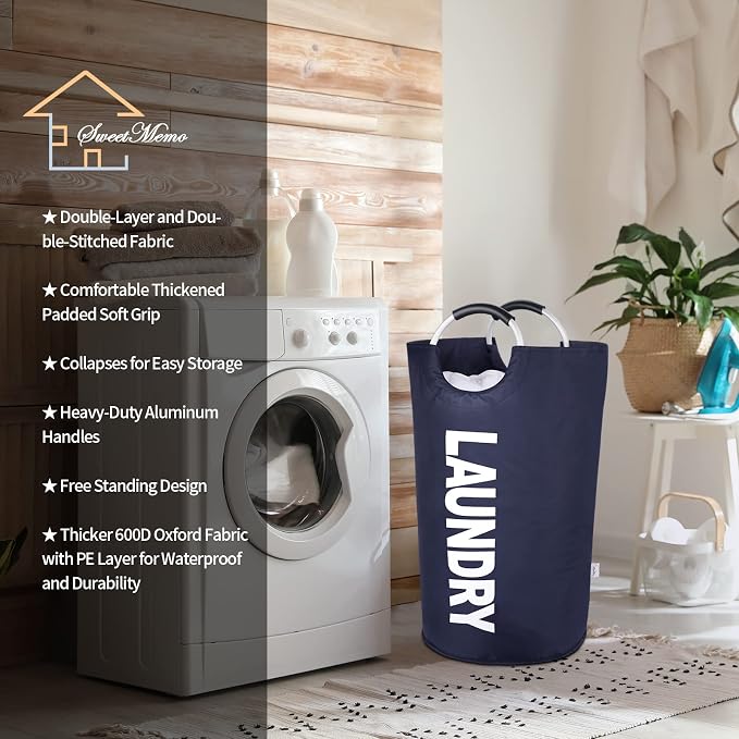 Extra Large Laundry Basket, Big Laundry Hamper Bag, Handles, 130L Navy Blue | Freestanding Tall Dirty Clothes Hamper, Collapsible and Portable Laundry Bin for Dorms and Bedrooms, Thick, Sturdy Fabric