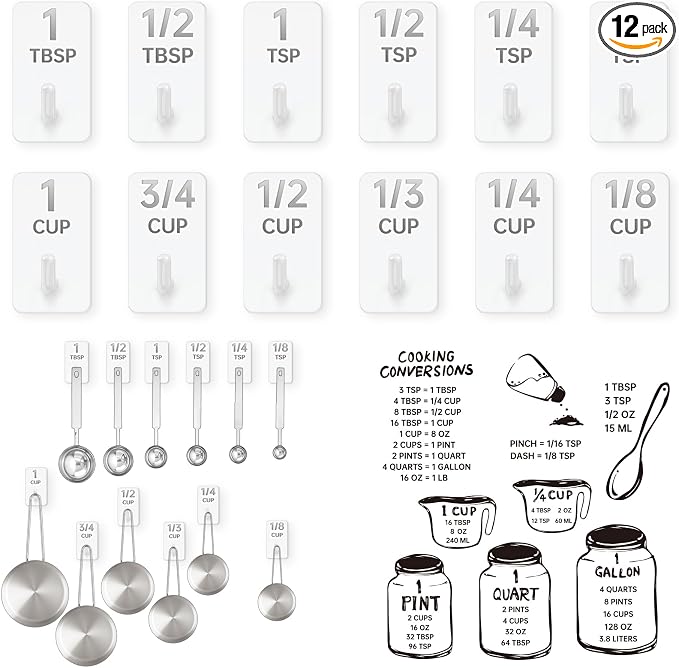 Measuring Cup and Spoon Organizer, 12 Pack Adhesive White Stainless Steel Hooks for Hanging with 6 Kitchen Conversion Chart Stickers, Kitchen Hooks for Space Saving Storage