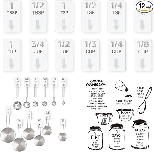 Measuring Cup and Spoon Organizer, 12 Pack Adhesive White Stainless Steel Hooks for Hanging with 6 Kitchen Conversion Chart Stickers, Kitchen Hooks for Space Saving Storage