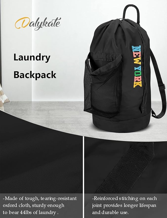 Backpack Laundry Bag, Laundry Backpack with Shoulder Straps and Mesh Pocket Nylon Clothes Hamper Bag with Drawstring Closure