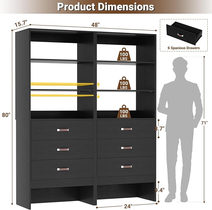 Armocity 4FT Closet System with Leather Handles, 48" Walk-in Closets Storage Unit with Cabinet, Wood Wardrobe Closet Organizer and Storage with 6 Drawers, Set of 2, Black
