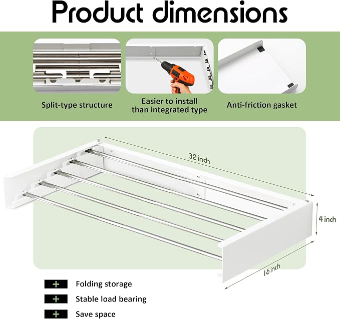 BOQORAD Clothes Drying Rack Wall Mounted 32“,Drying Rack Clothing Wall Mount,Laundry Drying Rack,Wall Mounted Clothes Hanging Rack (White)
