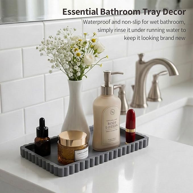 Silicone Bathroom Vanity Tray, Sink Caddy for Dish Soap Dispenser, Sponge Holder for Kitchen Sink, Rectangle Bathroom Countertop Organizer for Perfume, Jewelry, Candle (9.9” * 6”, Dark Grey)