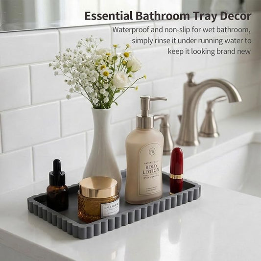 Silicone Bathroom Vanity Tray, Sink Caddy for Dish Soap Dispenser, Sponge Holder for Kitchen Sink, Rectangle Bathroom Countertop Organizer for Perfume, Jewelry, Candle (9.9” * 6”, Dark Grey)