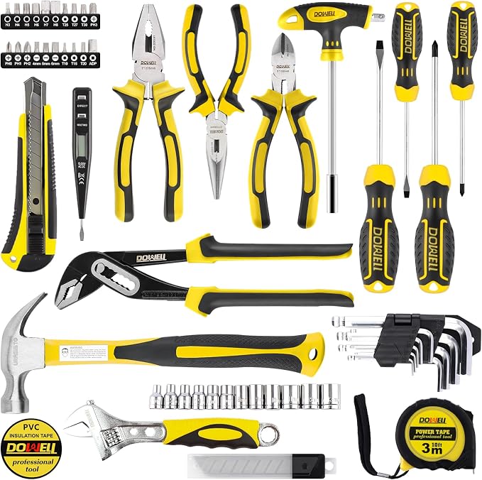 DOWELL Tool Set, 62PCS Tool Kit, Homeowner Wrench Pliers Screwdriver Set | Forged from high-quality steel, a variety of basic tools, for homeowners, handymen, easy storage and portability