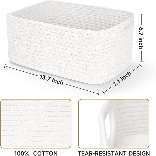 3-Pack Storage Baskets for Organizing | Woven Shelf Toy Basket | Rope Baskets for Gifts Empty | Closet Organizer Bins with Handles | Cube Decorative Box | 13.7×7.1×6.7” | White