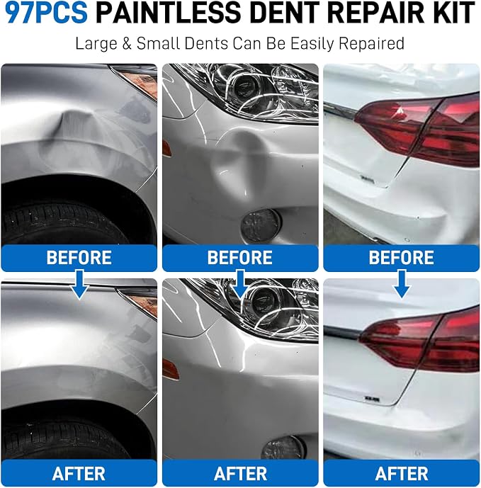 97pcs Dent Puller Kit, Car Dent Puller for Dent Removal, Paintless Dent Removal Kit with Golden Lifter, Bridge Puller, Slide Hammer T-Bar, Dent Remover Tool for Car Refrigerator Door Ding Repair