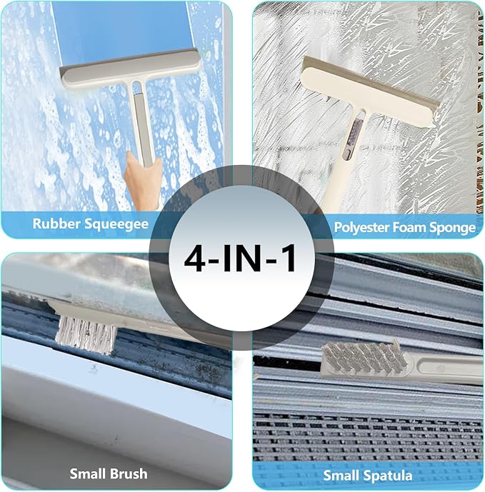 4-in-1 Shower Squeegee for Glass Doors, Silicone Window Squeegee with Foam Brush & Crevice Scraper, Small Bathroom Glass Cleaner Tool for Shower, Mirror, Tile, Window and Kitchen
